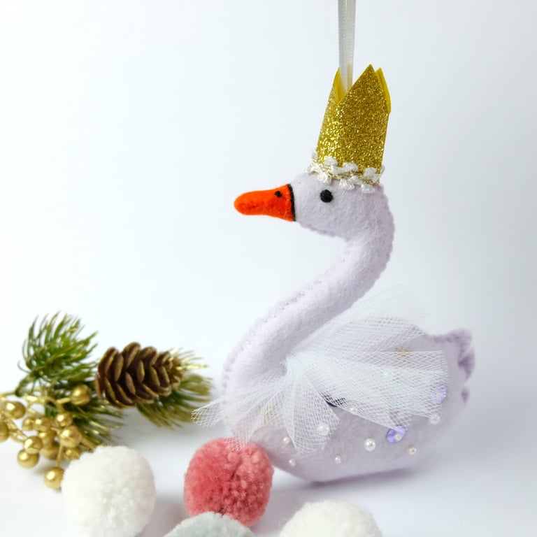 Christmas Decoration Lilac Wool Felt Sparkly Swan 