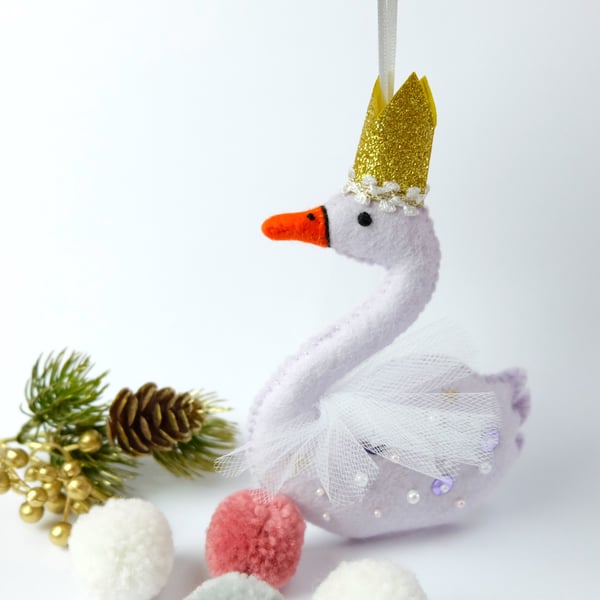 Christmas Decoration Lilac Wool Felt Sparkly Swan 