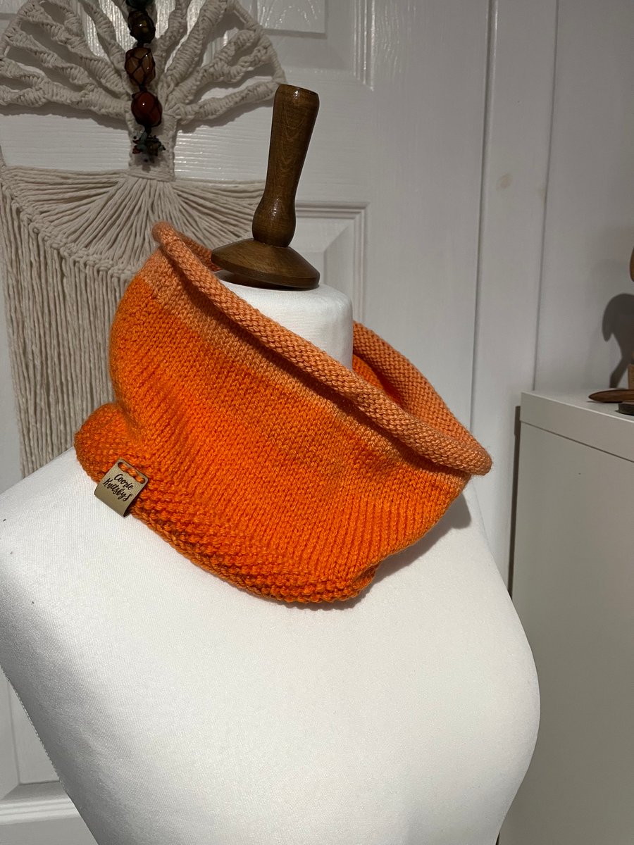 Orange two tone Lightweight Cowl Neckwarmer double knit yarn 60x16cms