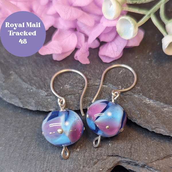 Blue and pink swirl lampwork earrings