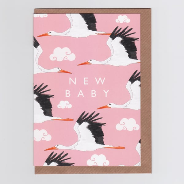 New Baby Card - Stork (pink)