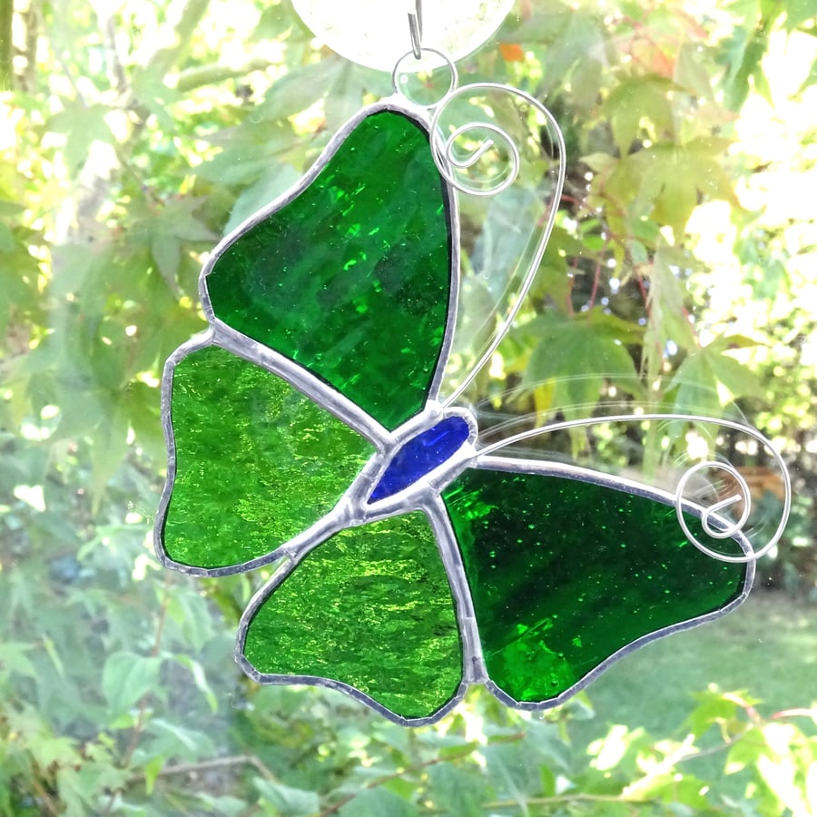 Stained Glass Butterfly Suncatcher - Handmade Decoration - Dark and Light  Green