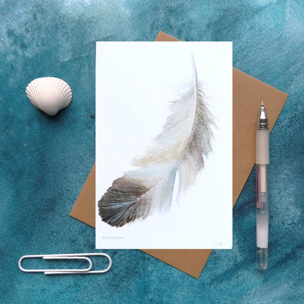 Feather blank greeting card from a watercolour painting plastic free
