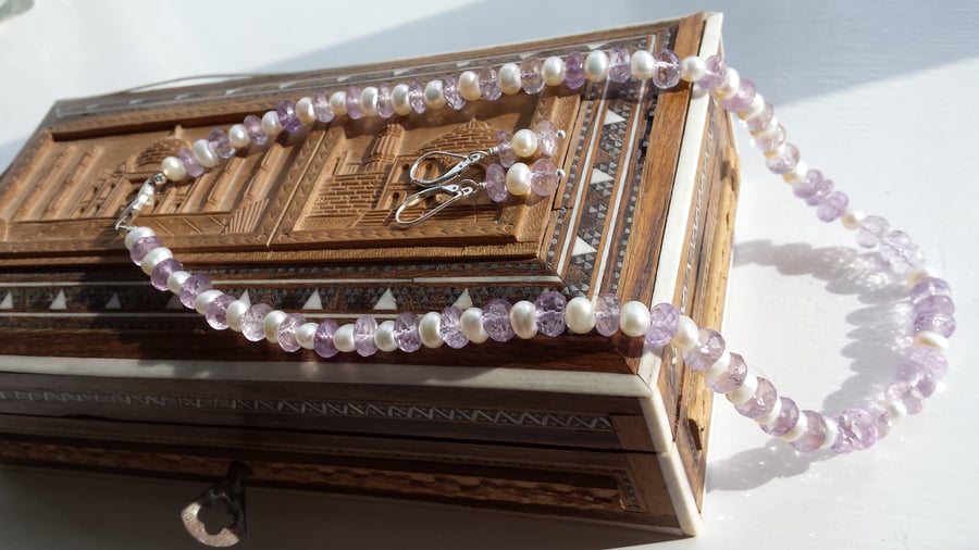 Pink Amethyst and Pearl Necklace and Earring set