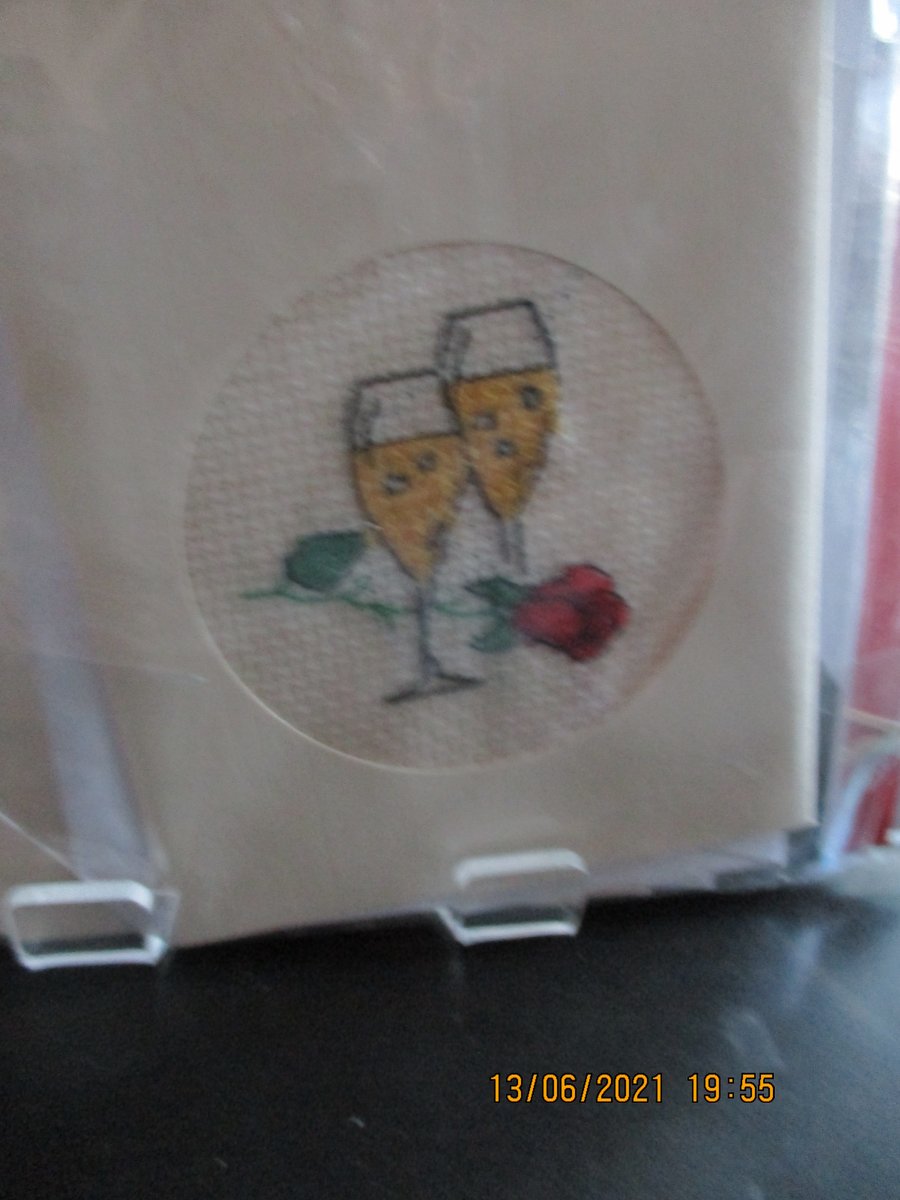 Cross Stitch Champagne Glasses and Roses Wedding Card