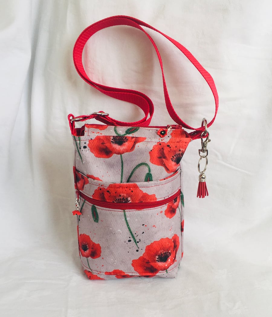 Small Poppies Crossbody Bag, Water Resistant Crossbody Bag, Shoulder Bag.