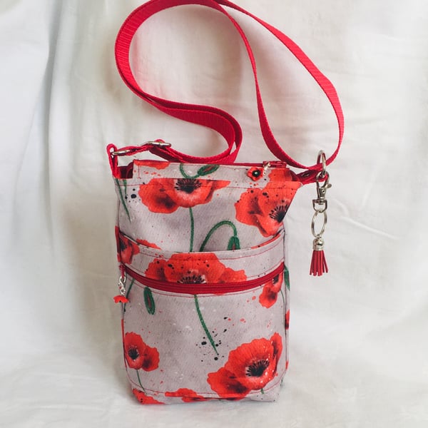 Small Poppies Crossbody Bag, Water Resistant Crossbody Bag, Shoulder Bag.