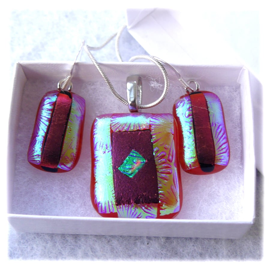 Dichroic Glass Pendant Earring Set 097 Red Teal with Silver Plated Chain