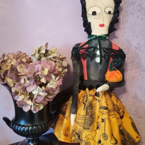 OOAK art doll, Autumn, Halloween, Miss Pumpkin Spice art doll, textile art