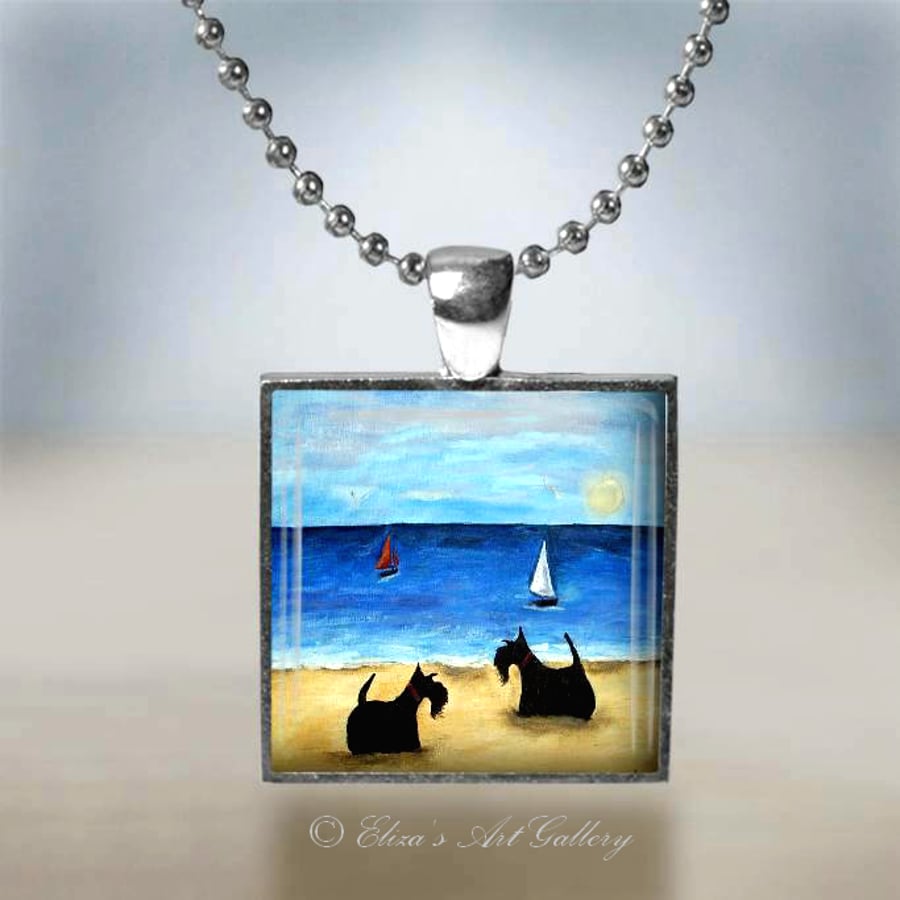 Silver Plated Scottish Terriers on a Beach Pendant Necklace