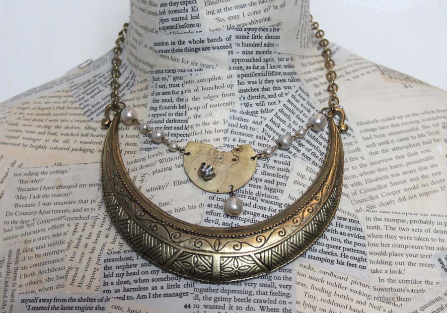 Upcycled Repurposed Steampunk Vintage Watch Statement Pearl Gold Necklace