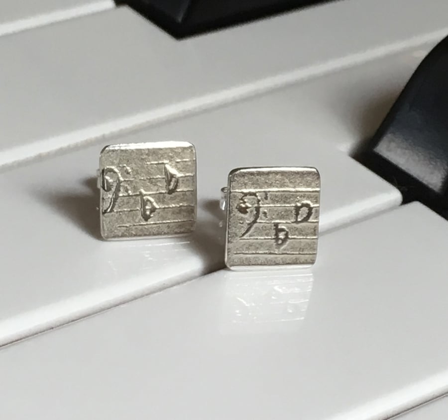 Square Earrings, Silver Stud Earrings, Square Studs, Sterling Silver Sheet Music