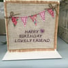 Pink bunting birthday card for friend, unique handmade card, embroidered card, 