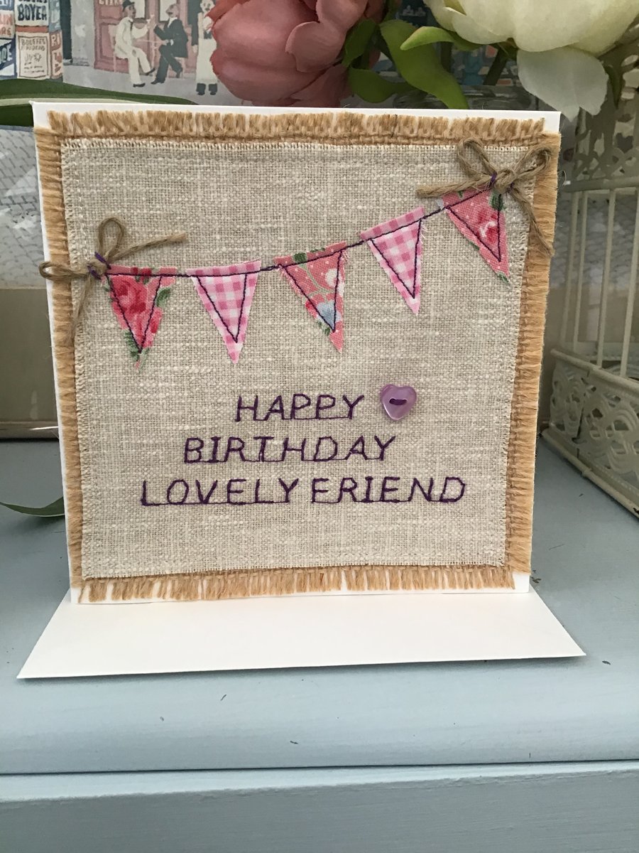 Pink bunting birthday card for friend, unique handmade card, embroidered card, 