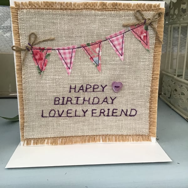 Pink bunting birthday card for friend, unique handmade card, embroidered card, 