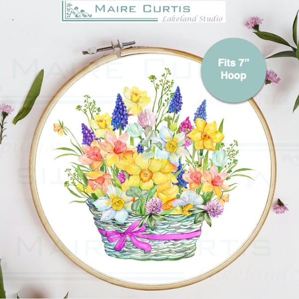 Spring Floral Basket Embroidery Panel
