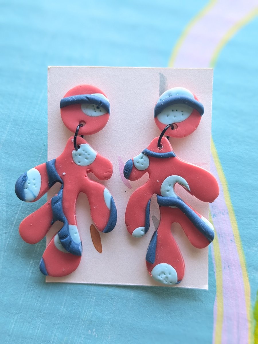 Orange, navy and turquoise seaweed dangly earings 