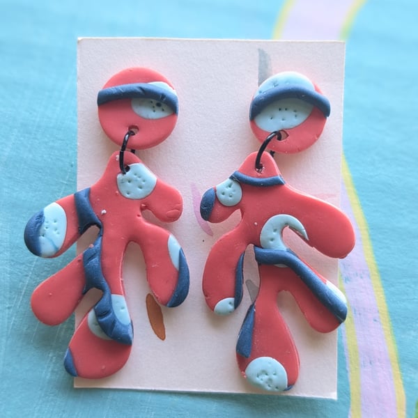 Orange, navy and turquoise seaweed dangly earings 