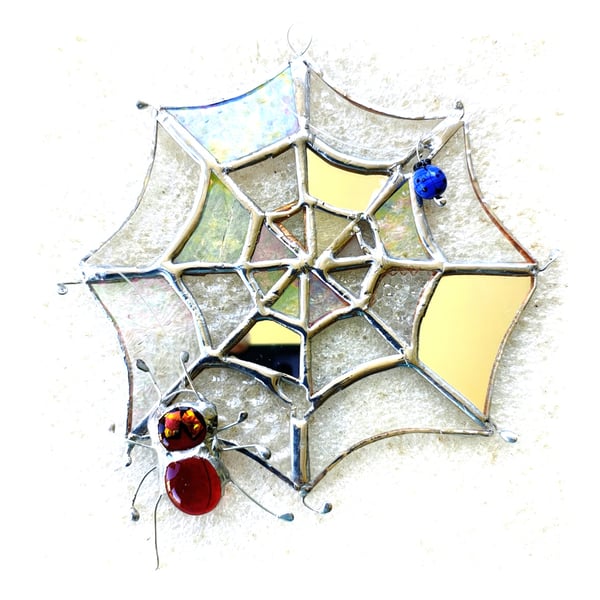Spiders Web Suncatcher Stained Glass with Red Spider and Blue Fly 045