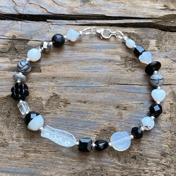 Black and White Mix Beads & Sterling Silver Bracelet 