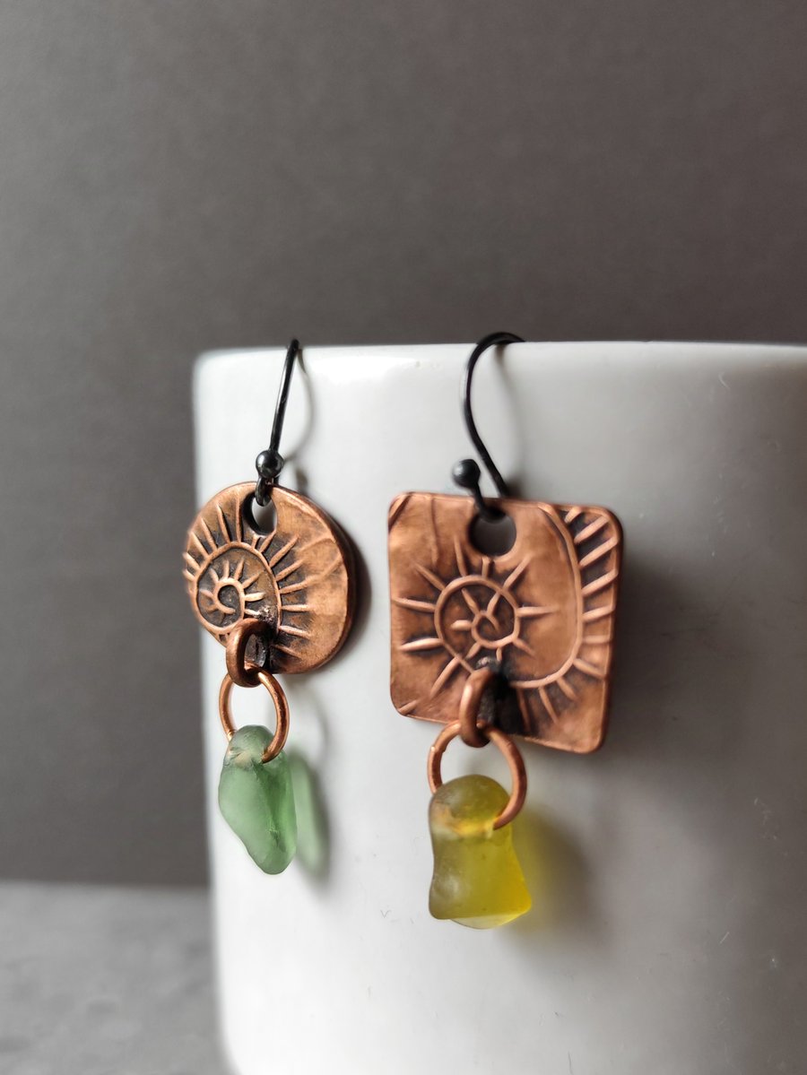 Mis-match copper and seaglass drop earrings, recycled material, unique