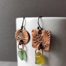 Mis-match copper and seaglass drop earrings, recycled material, unique