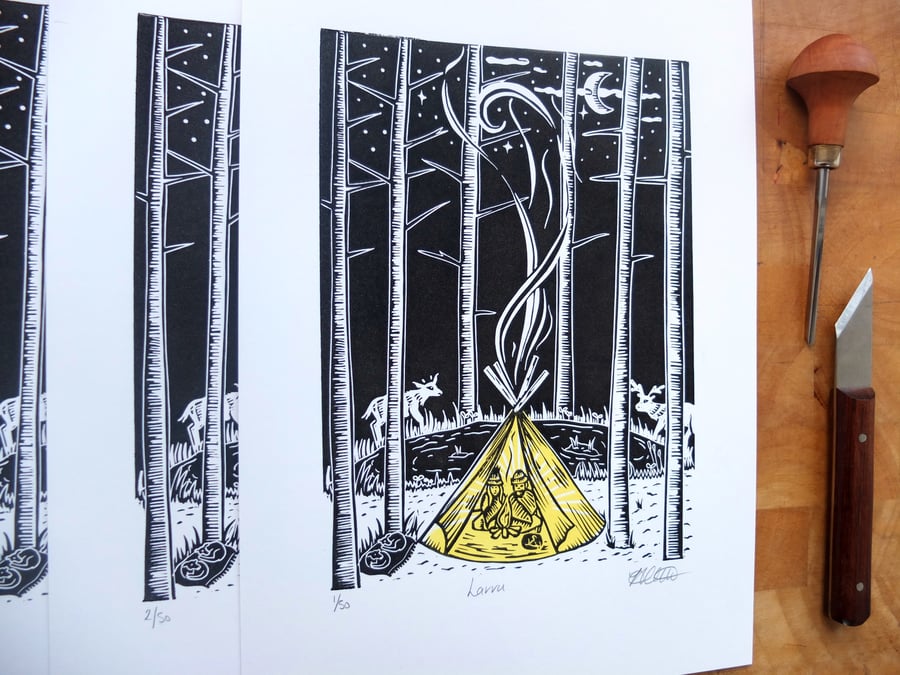 SALE "Lavvu" Original Lino Print 