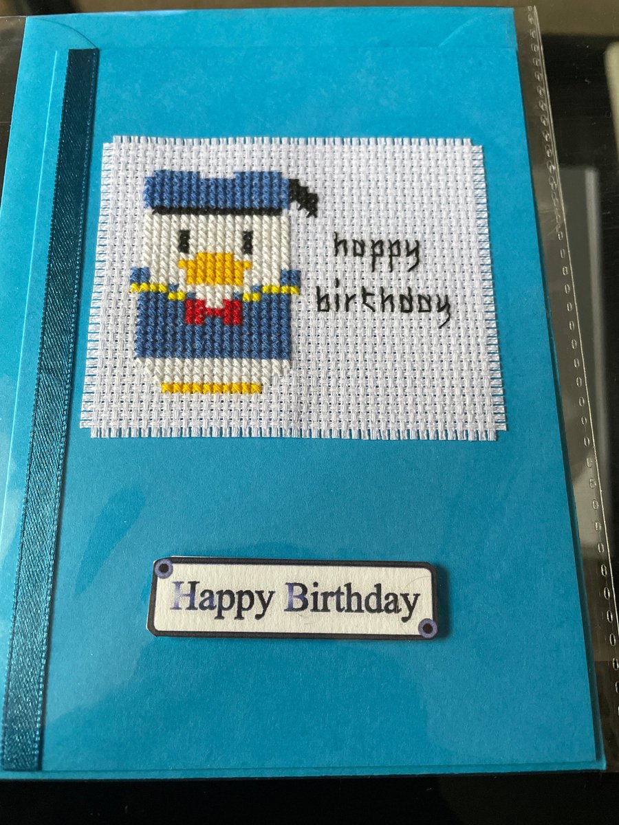 Donald Duck birthday card handmade, cross stitched card