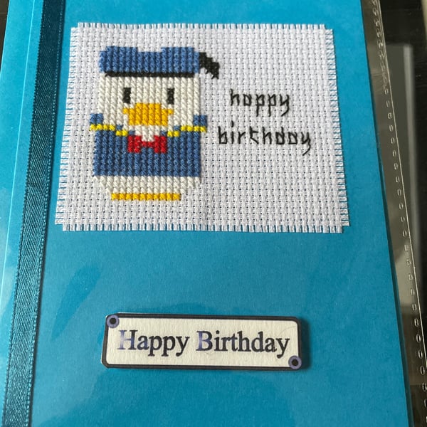 Donald Duck birthday card handmade, cross stitched card