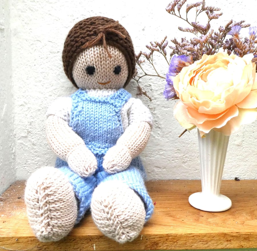Boy Doll. Hand Knitted 12" handmade Doll Light Brown Hair Removable Dungarees