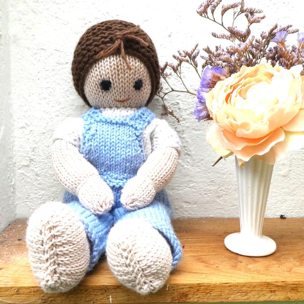 Boy Doll. Hand Knitted 12" handmade Doll Light Brown Hair Removable Dungarees