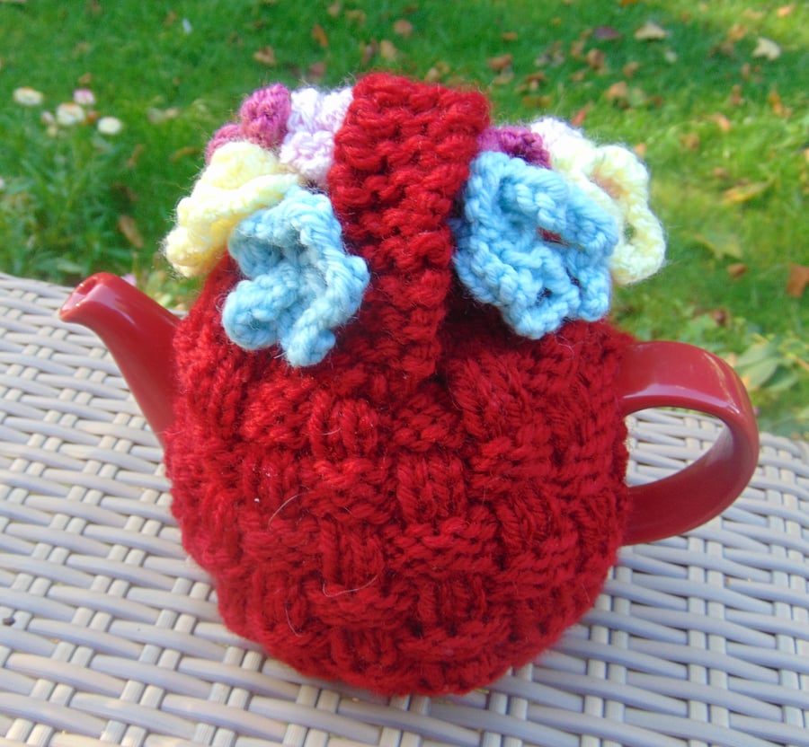 Hand Knitted flower basket Small Tea Cosy