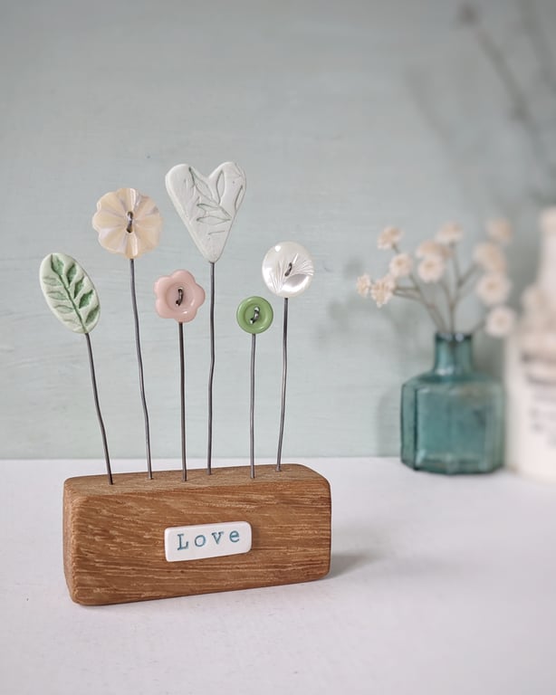 Clay Heart and Flowers in a Button Garden Block 'Love'