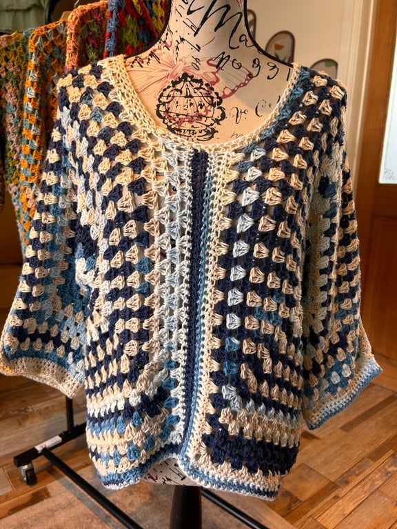 Beach Blues Crochet Cotton Cover up Pullover 10-14
