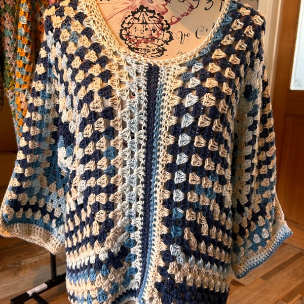 Beach Blues Crochet Cotton Cover up Pullover 10-14