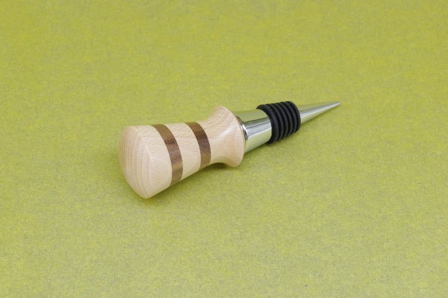 Hand Turned Wooden Bottle Stopper, Scottish Beech With Mahogany Stripes.
