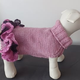 Small Pink Aran Dog Coat Jumper With A Pink Frill R922)