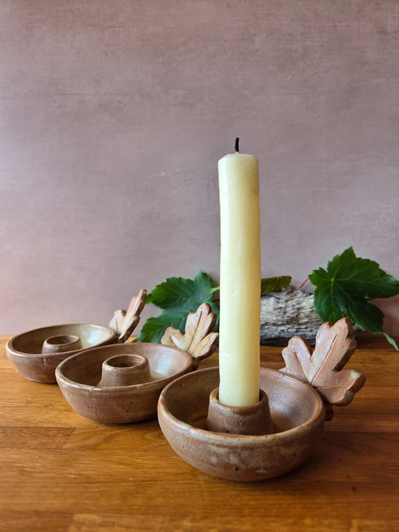 Woodland inspired Stoneware Candle Holders - Beige Sycamore leaf