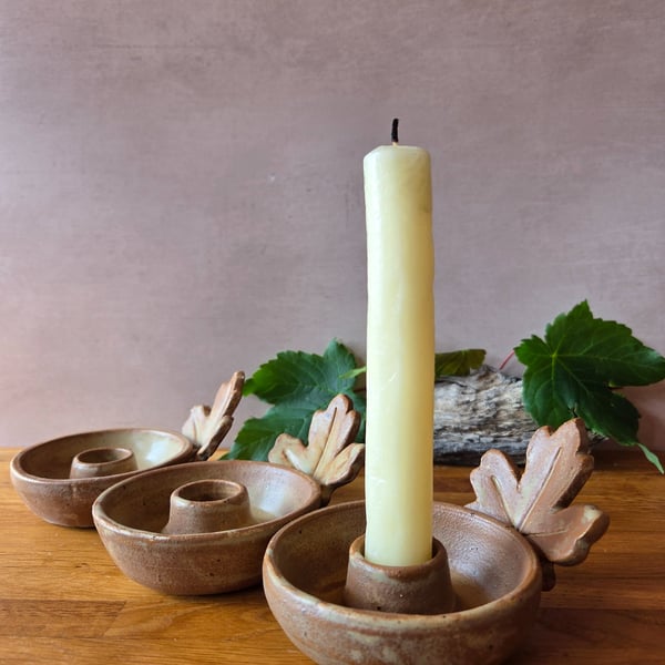 Woodland inspired Stoneware Candle Holders - Beige Sycamore leaf
