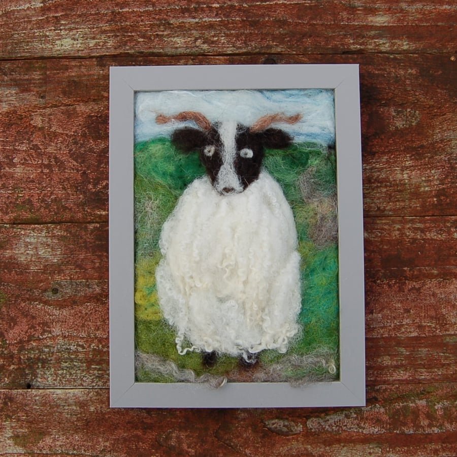Textile art picture -  Lone Sheep    20 x 15 cm   Needle felt