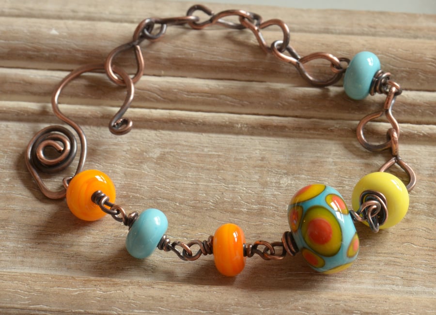 Turquoise & Orange, Yellow Lampwork Glass Bead & Handmade Copper Bracelet