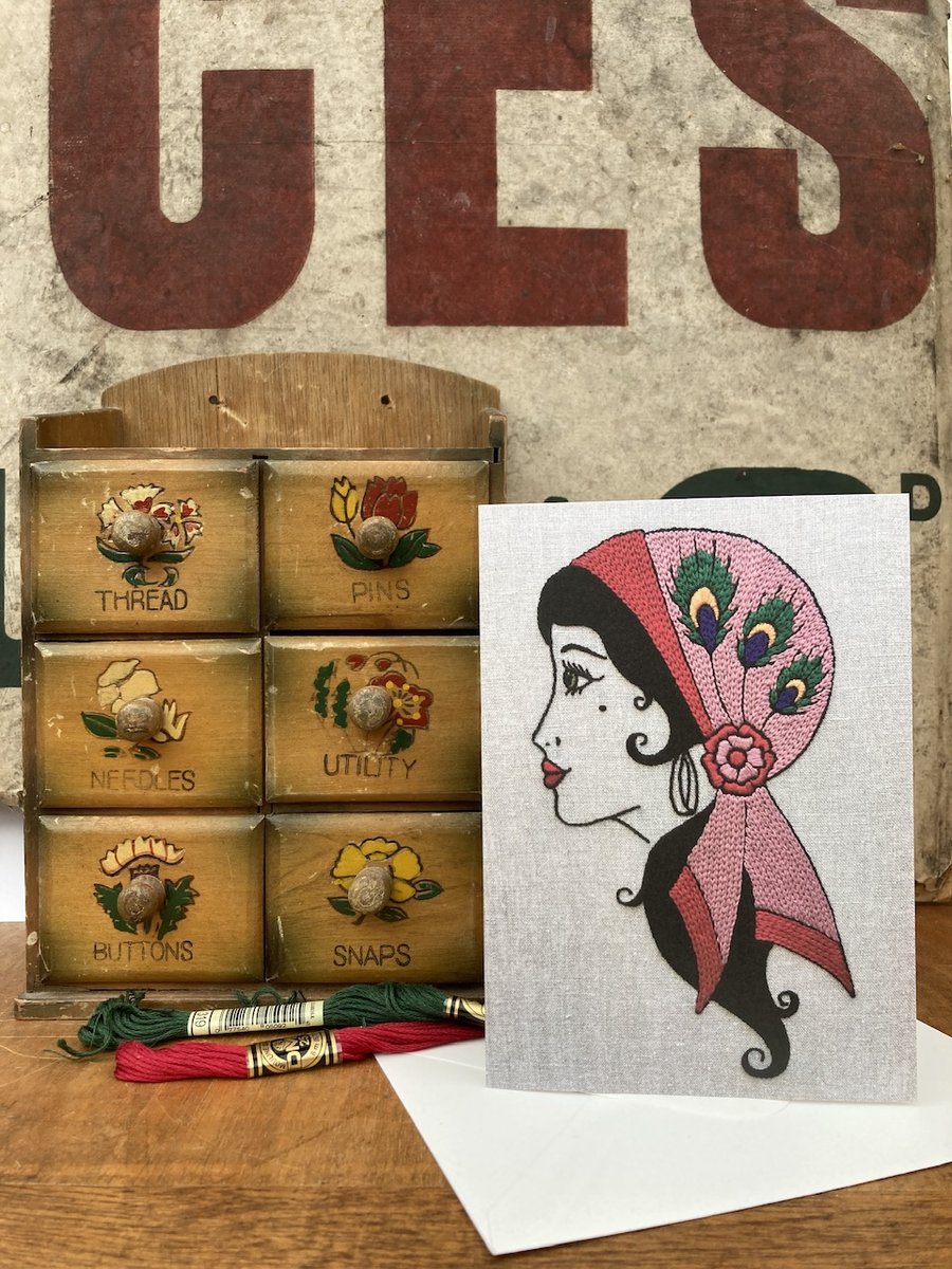 Gypsy Woman Tattoo Embroidery Art Blank Greetings Card