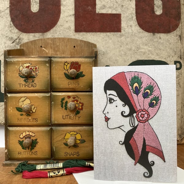Gypsy Woman Tattoo Embroidery Art Blank Greetings Card