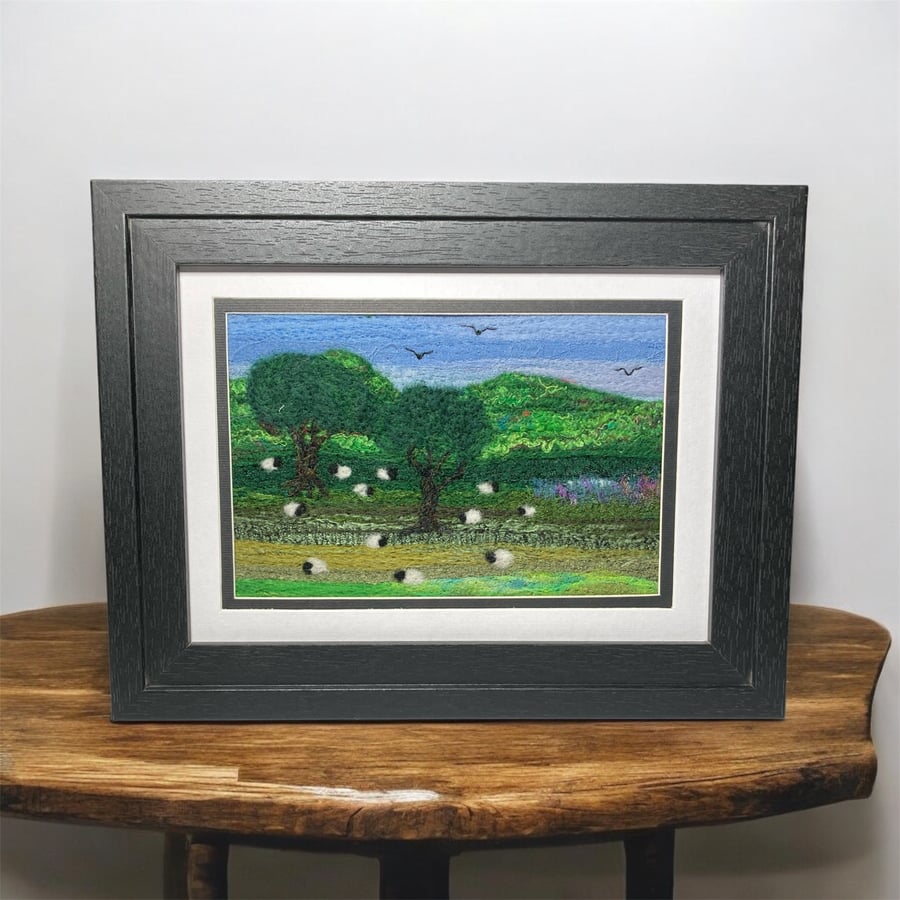 Textile picture, needle felted, wool and silk, sheep in a field  5" x 7" framed