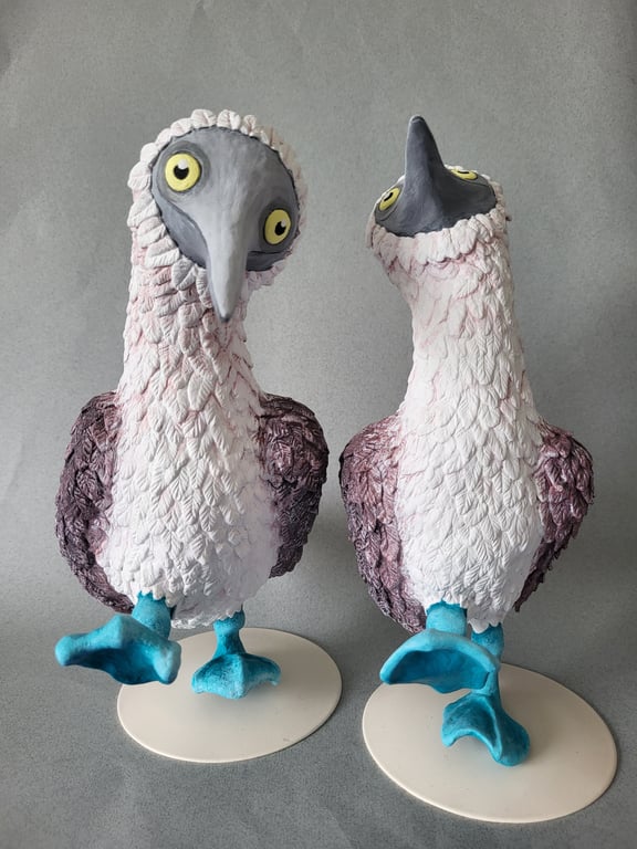 Blue footed Boobies - two polymer clay bird sculptures.