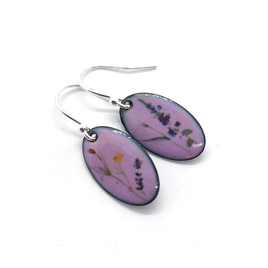 Light purple enamel Wild Flower oval drop earrings