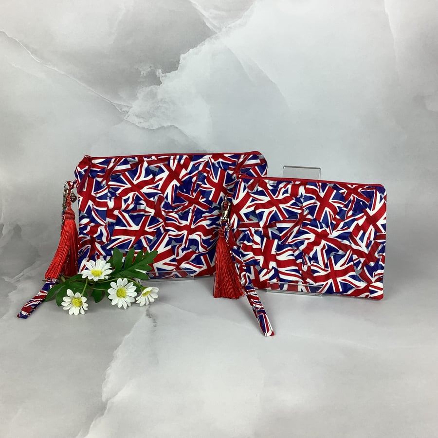 Union Jack zip clutch bag, Detachable wrist strap, 2 size options, Handmade