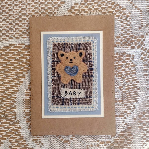 Teddy Bear Baby Card - New Baby - Birth Card - Textile Card - Congratulations