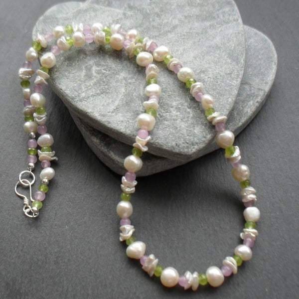 Freshwater Pearls Keshi Pearls Peridot Lilac Quartzite Sterling Silver Necklace