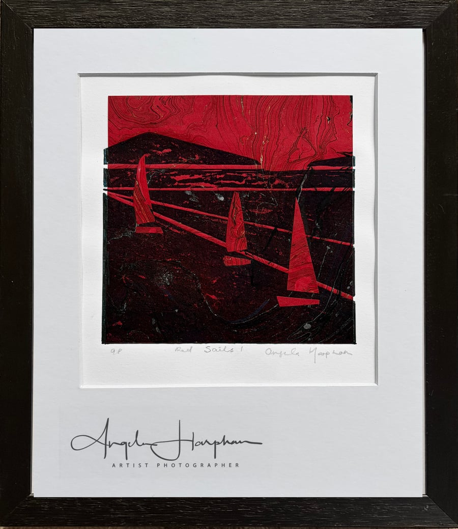 Red Sails I - Framed Lino Print with Marbled Paper Chine Colle 